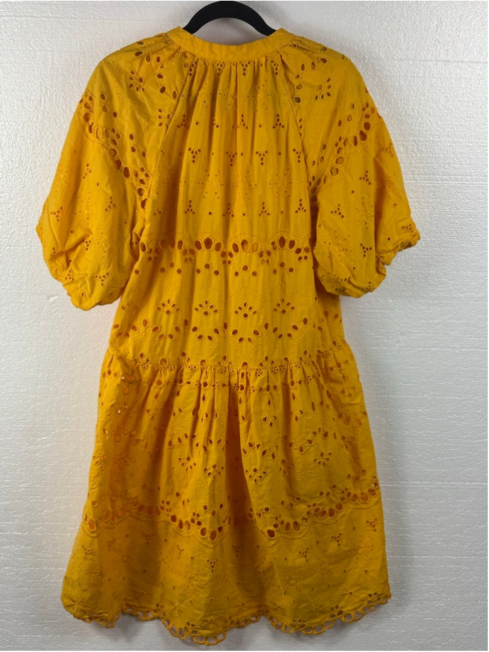 Anthropologie Tallulah Yellow Eyelet Tiered Short puff sleeves Mini Dress sz L - Picture 8 of 11